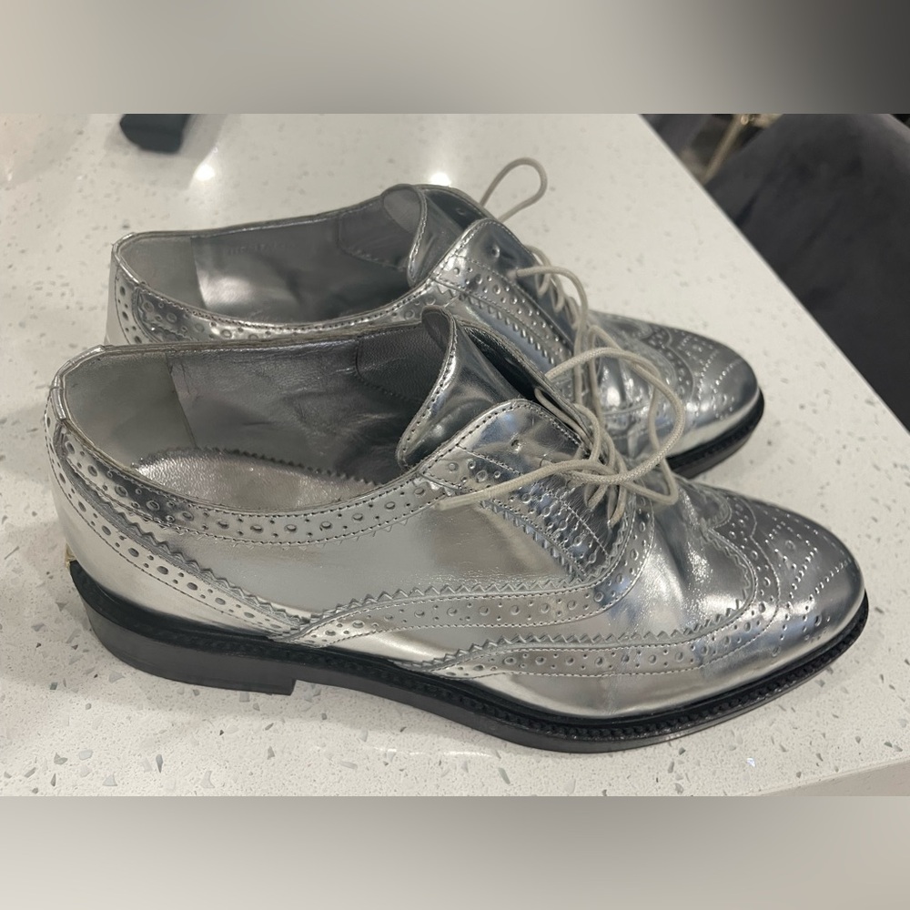 Burberry Metallic Silver Brogue Leather Lace Up Oxfords
